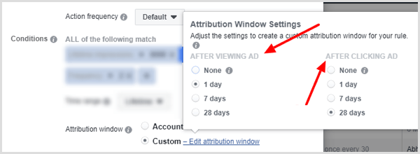 Opzioni delle impostazioni della finestra di attribuzione durante l'impostazione delle condizioni per la regola di Facebook