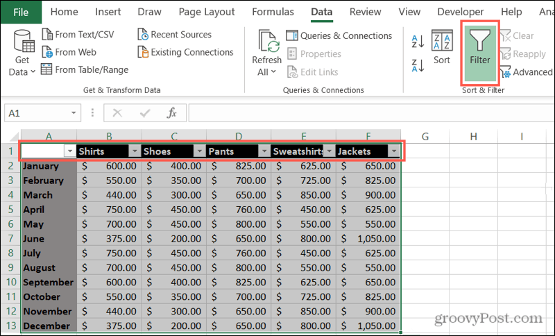 Abilita filtri in Excel