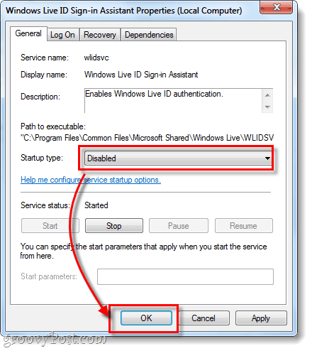 tipo di avvio disabilitato dell'ID di accesso a Windows Live