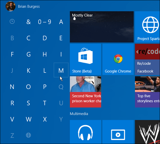app con la prima lettera di Windows 10 Start