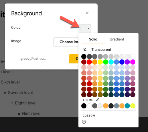 Aggiunta di un colore di sfondo a una diapositiva master in Presentazioni Google