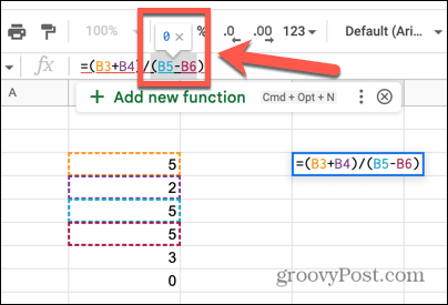 google sheet div 0 risultato