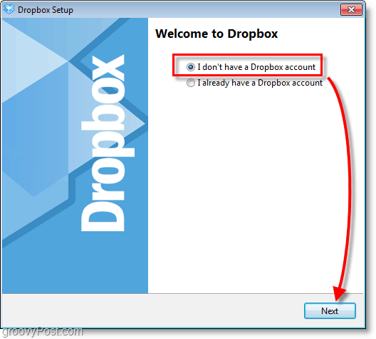 Schermata di Dropbox: scegli di creare un nuovo account