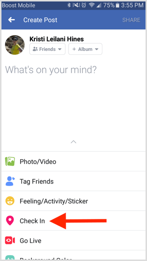Nell'app Facebook, crea un nuovo post e tocca Check-in.