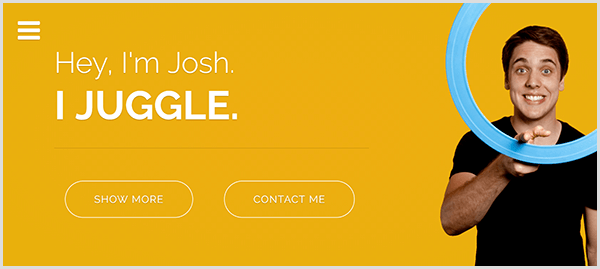 Il sito web di Josh Horton per la giocoleria ha uno sfondo giallo, una foto di Josh che sorride e fa roteare un anello da giocoliere azzurro attorno al dito indice e un testo bianco che dice Hey I'm Josh. Mi destreggio.
