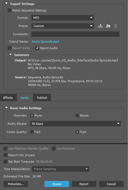 Esporta l'audio come file MP3 in Adobe Premiere.