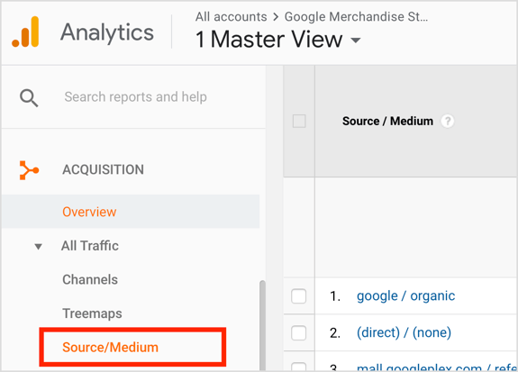 Apri Google Analytics e vai su Acquisizione> Tutto il traffico> Sorgente / Mezzo.