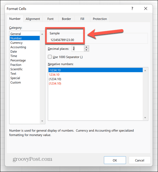 formato del numero di esempio excel