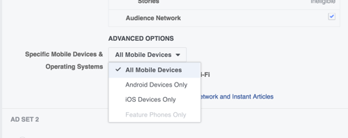 Puoi verificare se gli utenti iOS o Android rispondono meglio ai tuoi annunci di Facebook.