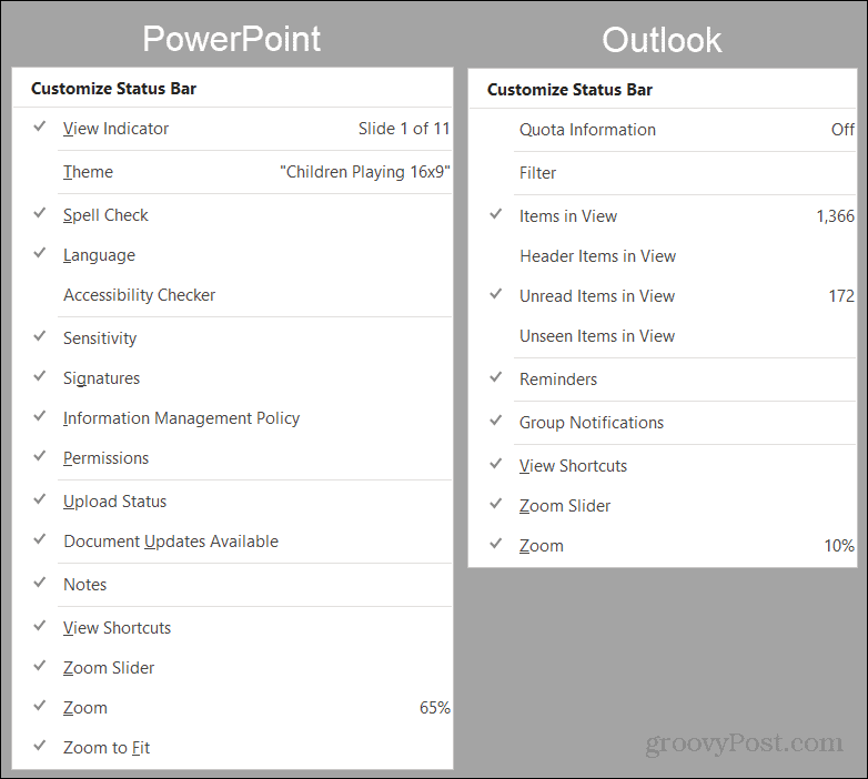 Opzioni della barra di stato di PowerPoint e Outlook