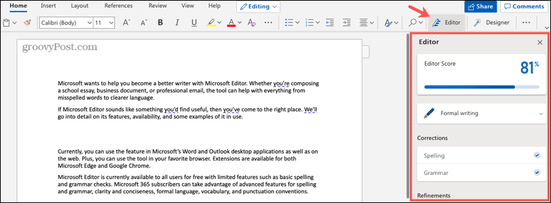 Microsoft Editor in Word sul Web