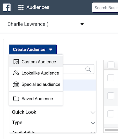 Crea menu a discesa Pubblico nella sezione Segmenti di pubblico di Facebook Ads Manager