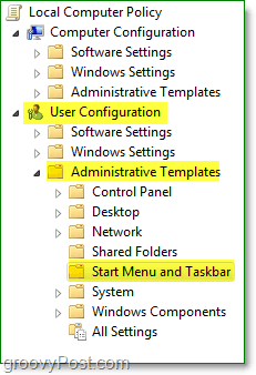 nella finestra dei criteri di gruppo locali di Windows 7, accedere alla configurazione utente, ai modelli amministrativi, quindi avviare il menu e la barra delle applicazioni