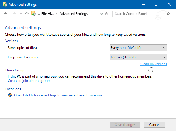 Pulisci versioni Cronologia file di Windows 10
