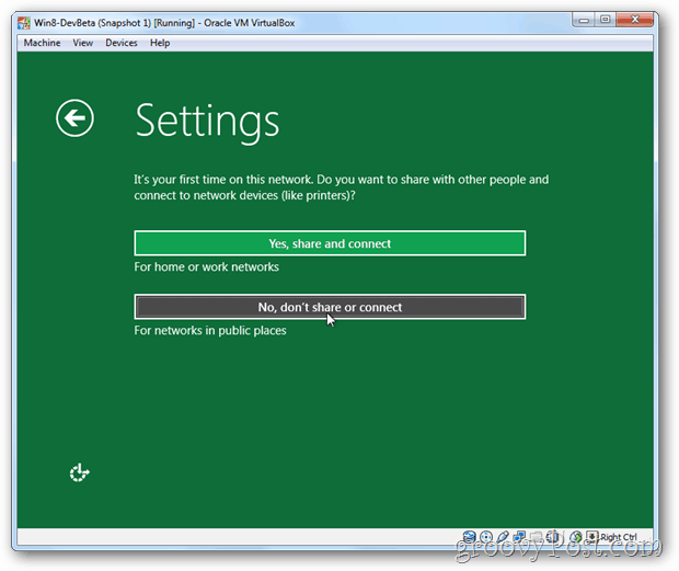 VirtualBox Windows 8 installa l'installazione condividi o non condividi l'installazione?