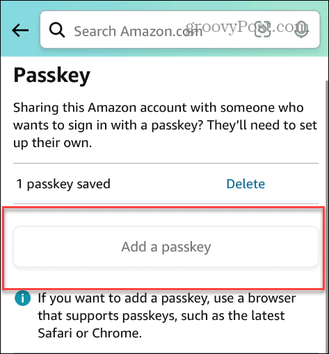 aggiungi la passkey dell'app Amazon disattivata