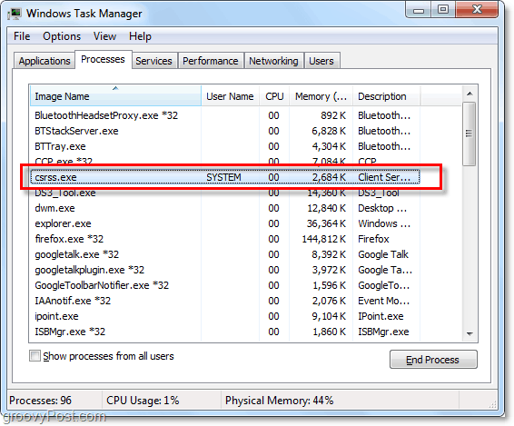 csrss.exe come si vede nel task manager di Windows 7