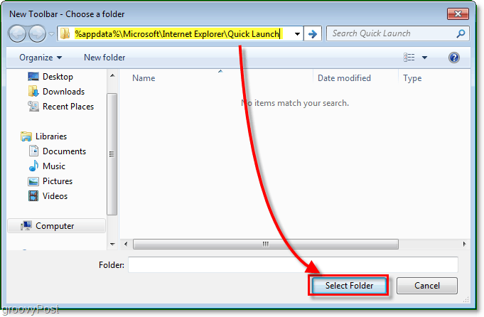 la finestra della barra degli strumenti di avvio rapido, immettere l'indirizzo% appdata% MicrosoftInternet ExplorerQuick Launch per accedere alla cartella corretta
