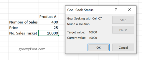 Un'anteprima dello strumento Ricerca obiettivo in Excel