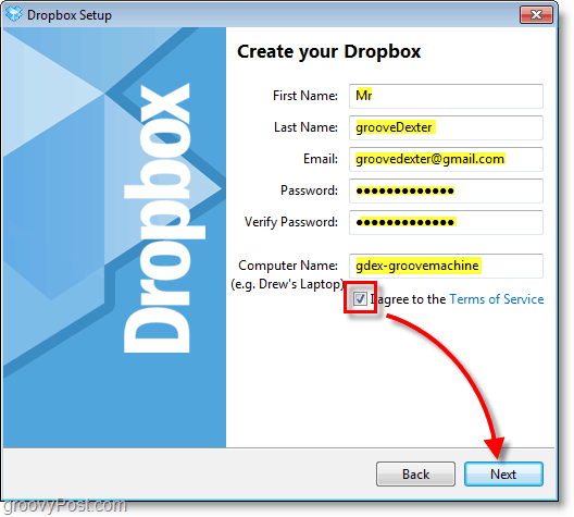 Schermata di Dropbox: inserisci le informazioni del tuo account