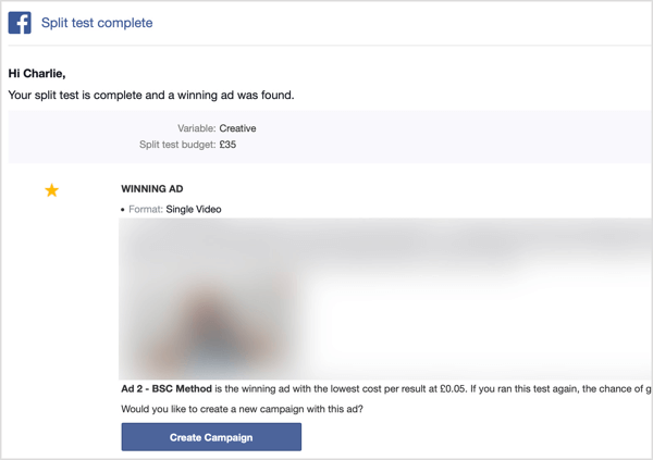 Riceverai un'e-mail al termine dello split test di Facebook.