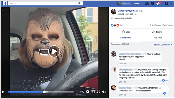 Candace Payne è andata in diretta su Facebook con una maschera di Chewbacca dal parcheggio di Kohl. Al momento dello screenshot, il suo video aveva 3,4 milioni di condivisioni e 174 milioni di visualizzazioni.