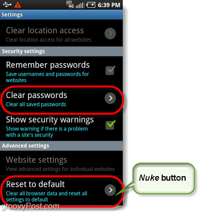 pulsante nuke del browser Android, ripristinato alle impostazioni di fabbrica e cancella le password