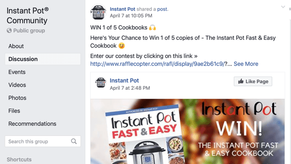 Come utilizzare le funzionalità di Facebook Groups, esempio di un post di una pagina in un gruppo per Instant Pot Community