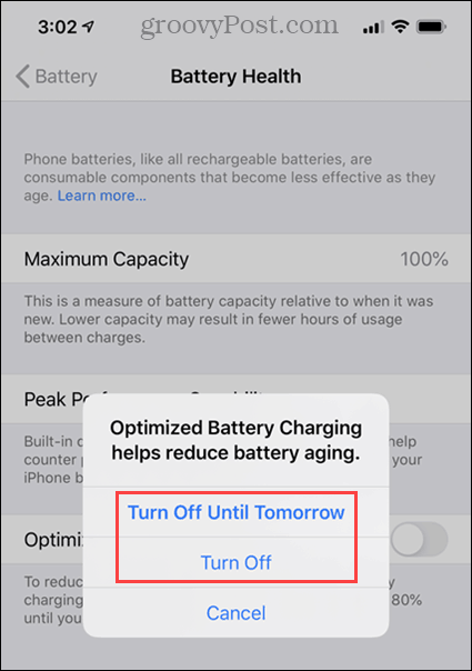 Disattiva le opzioni per la ricarica ottimizzata della batteria su iPhone