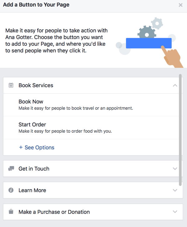 Puoi scegliere tra un gran numero di pulsanti CTA per la tua pagina Facebook.