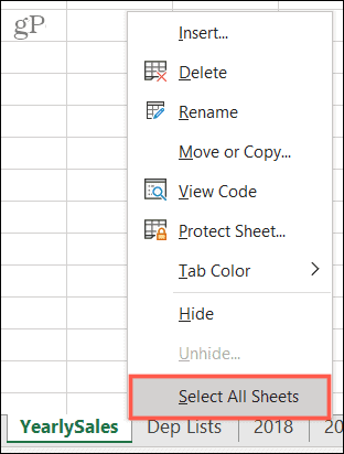 Seleziona tutti i fogli in Excel