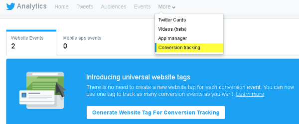 Twitter ti consente di aggiungere codice al tuo sito web per il monitoraggio delle conversioni e per creare segmenti di pubblico su misura.
