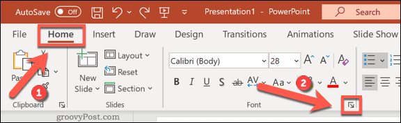 Accesso al menu delle opzioni dei caratteri in PowerPoint su Windows