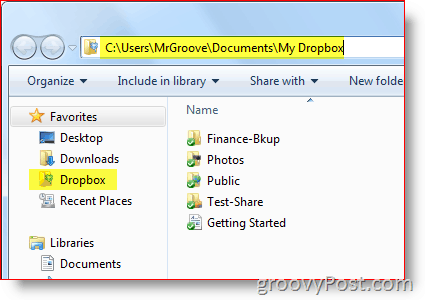 Percorso Dropbox di Windows Explorer