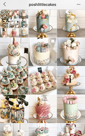 Come migliorare le tue foto di Instagram, esempio di tema del feed di Instagram da Posh Little Cakes che mostra una tavolozza di colori tenui