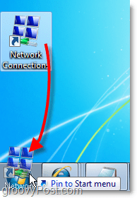trascinare il collegamento dal desktop al menu di avvio per le connessioni di rete in Windows 7 di facile accesso
