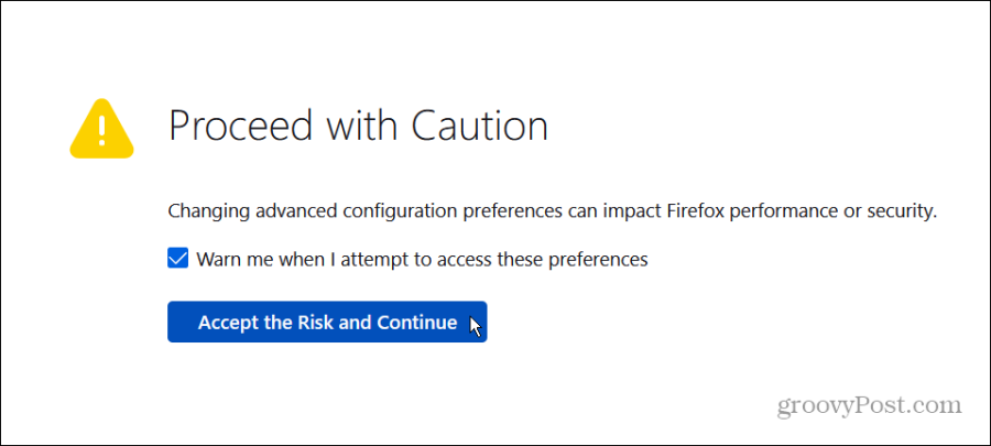 accettare informazioni sul rischio di configurazione di Firefox