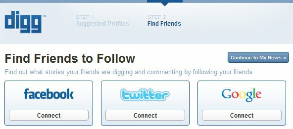 Nuovo accesso Digg - Passaggio 2 - Trova amici su Facebook, Twitter, Google