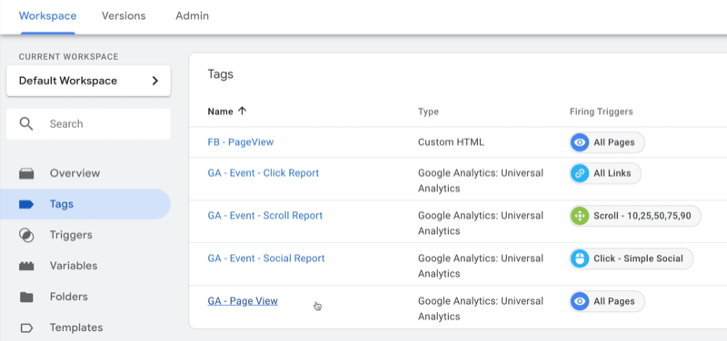 esempio di area di lavoro della dashboard di google tag manager con tag selezionati e diversi tag di esempio mostrati con il tipo e l'attivatore di attivazione annotati per ciascuno