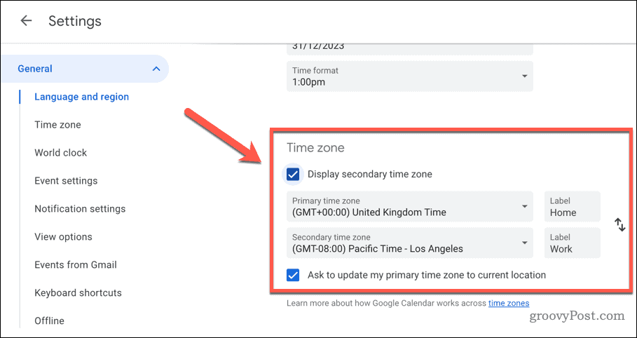 Imposta le impostazioni del fuso orario in Google Calendar