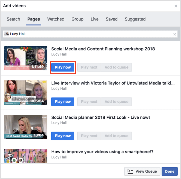 Fare clic su Riproduci ora per avviare la riproduzione di un video durante la festa di visualizzazione di Facebook.