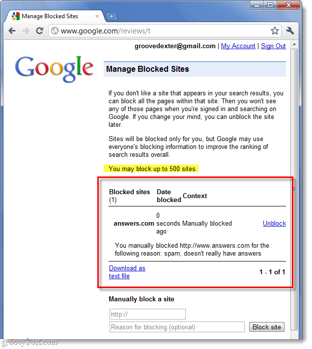 elenco dei siti Web bloccati da Google