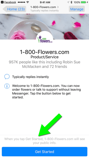 L'invio di un messaggio a 1-800-Flowers.com tramite la loro pagina Facebook rende facile per gli utenti diventare clienti.