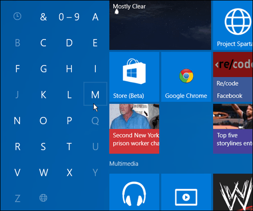 Cerca app prima lettera Windows 10