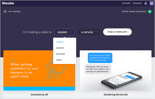 Seleziona il tipo di video che stai creando in Biteable e specifica per quale scopo