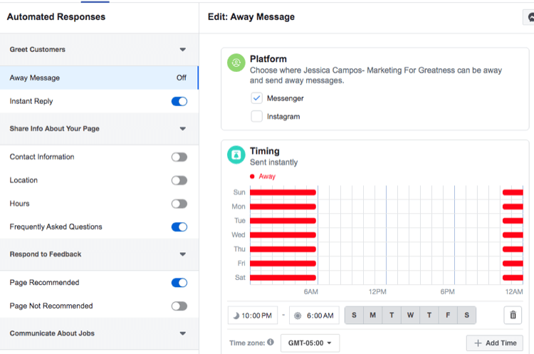 screenshot delle impostazioni dei tempi per la risposta automatica del messaggio di assenza di Facebook Messenger