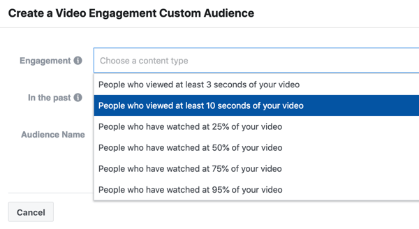 Come promuovere il tuo evento dal vivo su Facebook, passaggio 9, creare una campagna di coinvolgimento video di persone che hanno guardato almeno 10 secondi del tuo video