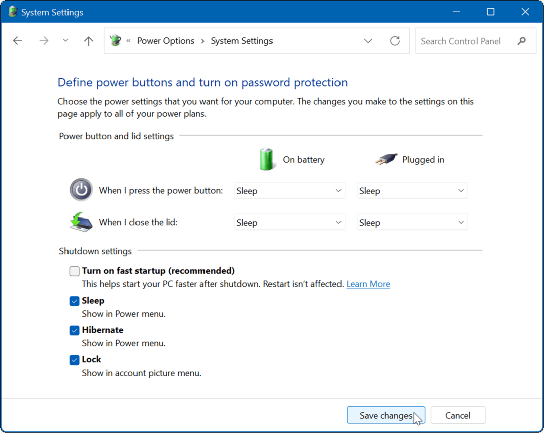 disattivare l'avvio rapido di Windows 11