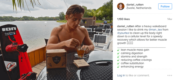 L'atleta Daniel Rutten posa con Man Tea e sottolinea i vantaggi per i suoi follower su Instagram.