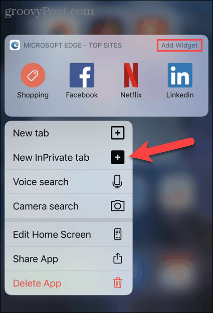 Seleziona Nuova scheda InPrivate dall'icona Edge in iOS